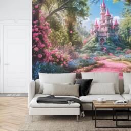 Pink Castle Mural, Flowers Meadow Wallpaper, Peel & Stick Wall Decal - thumbnail 2