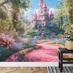 Pink Castle Mural, Flowers Meadow Wallpaper, Peel & Stick Wall Decal - thumbnail 3