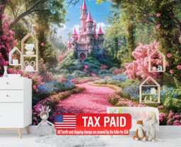 Pink Castle Mural, Flowers Meadow Wallpaper, Peel & Stick Wall Decal