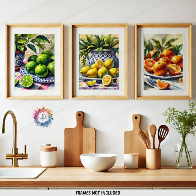 Kitchen Fruit Posters - Set Of 3 Prints - Lemon, Orange, Lime Watercolour Style Dining Room Decor Home Wall Art Gallery - image 1