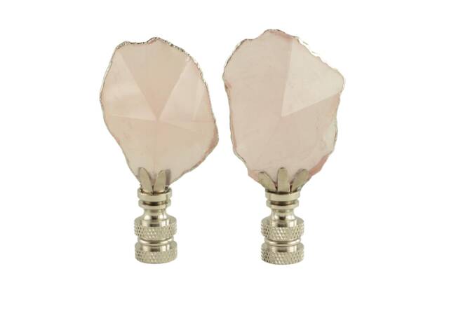 Faceted Rose Quartz Lamp Finials in Ice Pink On Shiny Chrome Hardware With Silver Gilded Edges - A Matching Pair - image 1