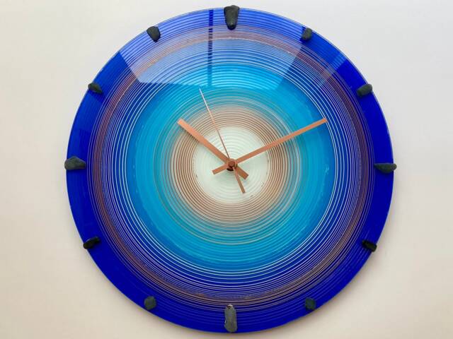 Oceanic Blue Spiral Glass Clock Hand Painted Boho Style Art - image 1