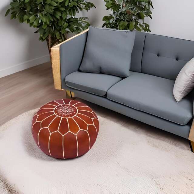 Handmade Brown Leather Pouf Moroccan Ottoman Footstool, White Stitching - image 1