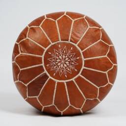 Handmade Brown Leather Pouf Moroccan Ottoman Footstool, White Stitching - thumbnail 3