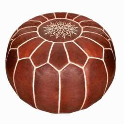 Handmade Brown Leather Pouf Moroccan Ottoman Footstool, White Stitching - thumbnail 2