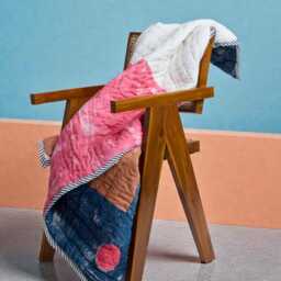 Custom Baby Blanket, Reversible Cotton Quilt, Hand Block-Printed Blue & Pink Modern Nursery Bedding - thumbnail 2