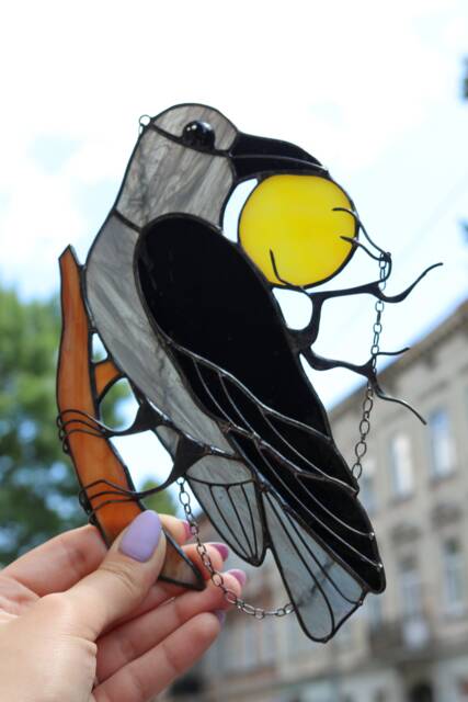 Crow Raven Witch Decor Stained Glass Halloween Black Suncatcher Picture Window Wall Hangings Cling Horror Gift House - image 1