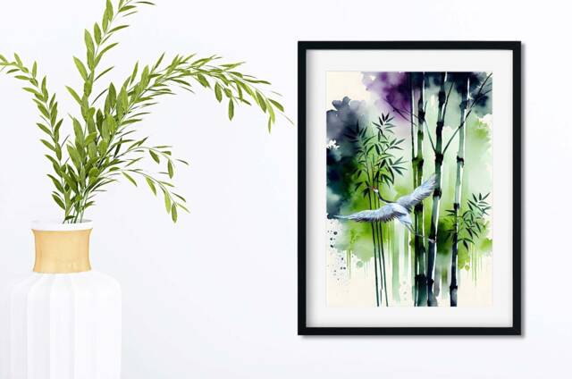 Japanese Crane Watercolour Print, Purple & Green Bamboo Botanical Wall Art - image 1