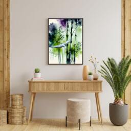 Japanese Crane Watercolour Print, Purple & Green Bamboo Botanical Wall Art - thumbnail 3