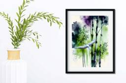 Japanese Crane Watercolour Print, Purple & Green Bamboo Botanical Wall Art - thumbnail 1
