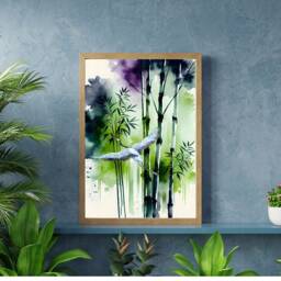 Japanese Crane Watercolour Print, Purple & Green Bamboo Botanical Wall Art - thumbnail 2