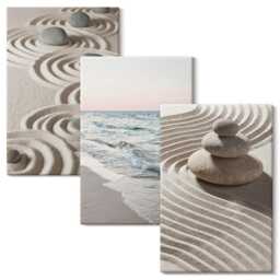 Canvas Wall Art Set Of 3 - Calm Waves Sand & Water With Stones On The Beach, Beige Photo Print, Natural Textures Hanging Piece - thumbnail 1