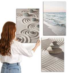 Canvas Wall Art Set Of 3 - Calm Waves Sand & Water With Stones On The Beach, Beige Photo Print, Natural Textures Hanging Piece - thumbnail 2