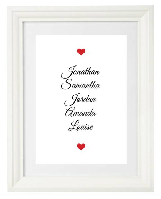 White Framed Poster Print Bespoke Family First Names With Heart Personalised Text Great Gift Birthday Christmas For Wall Decor Decoration - image 1