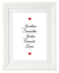 White Framed Poster Print Bespoke Family First Names With Heart Personalised Text Great Gift Birthday Christmas For Wall Decor Decoration - thumbnail 1