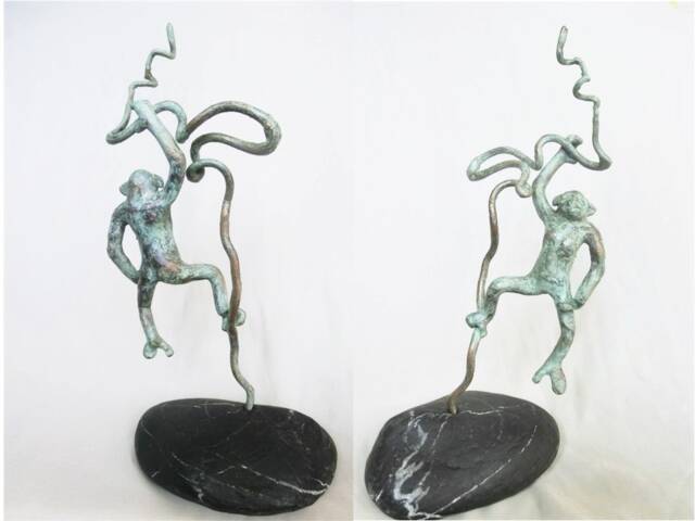 Not For Sale/ Auctioned Globe Guard/ Chimp/ Bronze Hanging Monkey in Curly Hazel Branch/ Small Black Decorative Stone/ Total 11 - image 1