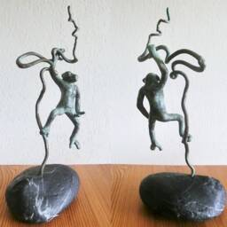 Not For Sale/ Auctioned Globe Guard/ Chimp/ Bronze Hanging Monkey in Curly Hazel Branch/ Small Black Decorative Stone/ Total 11 - thumbnail 2