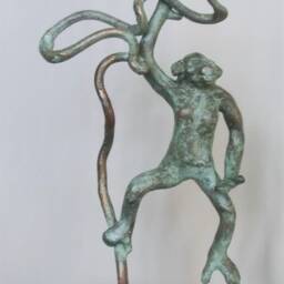 Not For Sale/ Auctioned Globe Guard/ Chimp/ Bronze Hanging Monkey in Curly Hazel Branch/ Small Black Decorative Stone/ Total 11 - thumbnail 4