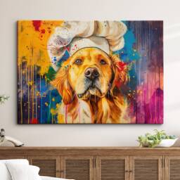 Golden Retriever Chef Hat Cooking Painting Framed Poster Print & Canvas Wall Decor Art Kitchen Home Room Dog Gift Idea Pet