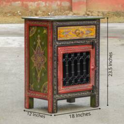 Wooden Bedside Table, Cabinet, Nightstand, Side Indian Ethnic Style, Storage Bedroom Furniture, Handmade Hand-Painted - thumbnail 4