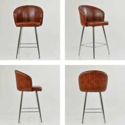 Vintage Brown Faux Leather Bar Stool With Backrest - Breakfast & Kitchen Stool, Industrial Chrome Base - thumbnail 4