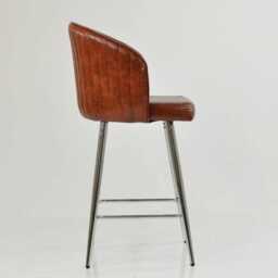 Vintage Brown Faux Leather Bar Stool With Backrest - Breakfast & Kitchen Stool, Industrial Chrome Base - thumbnail 3