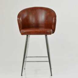 Vintage Brown Faux Leather Bar Stool With Backrest - Breakfast & Kitchen Stool, Industrial Chrome Base - thumbnail 1