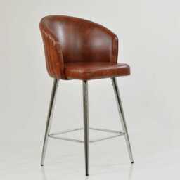 Vintage Brown Faux Leather Bar Stool With Backrest - Breakfast & Kitchen Stool, Industrial Chrome Base - thumbnail 2