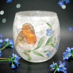 Robin & Forget Me Not Glass Tealight Holder, Remembrance Candle Memorial, Home Decor, Gift Boxed - thumbnail 2