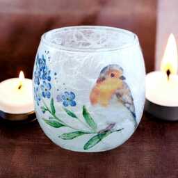 Robin & Forget Me Not Glass Tealight Holder, Remembrance Candle Memorial, Home Decor, Gift Boxed - thumbnail 1