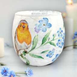 Robin & Forget Me Not Glass Tealight Holder, Remembrance Candle Memorial, Home Decor, Gift Boxed - thumbnail 3