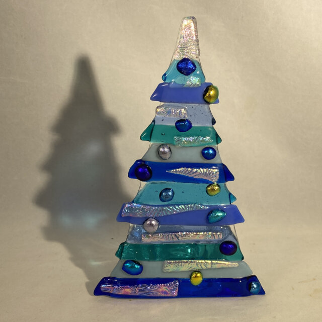 Fused Glass Christmas Tree, Blue Silver Baubles, Tealight Holder - image 1