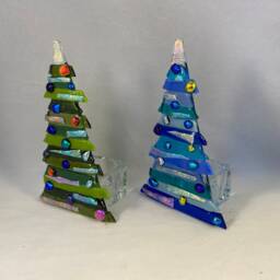 Fused Glass Christmas Tree, Blue Silver Baubles, Tealight Holder - thumbnail 4
