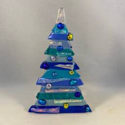 Fused Glass Christmas Tree, Blue Silver Baubles, Tealight Holder - thumbnail 2