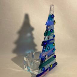 Fused Glass Christmas Tree, Blue Silver Baubles, Tealight Holder - thumbnail 3