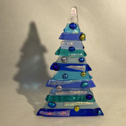 Fused Glass Christmas Tree, Blue Silver Baubles, Tealight Holder - thumbnail 1