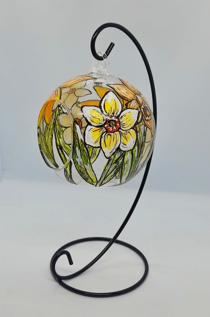 March Birth Flower Hand Painted Glass Hanging Tealight Holder With Stand, Daffodils & Jonquil, Birth Flowers, Birthday, Glassart - image 1