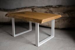 Live Edge Coffee Table Made Of Oak Wood, Small End With White Steel Legs, Industrial Bedside Table