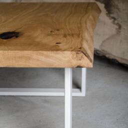 Live Edge Coffee Table Made Of Oak Wood, Small End With White Steel Legs, Industrial Bedside Table - thumbnail 3