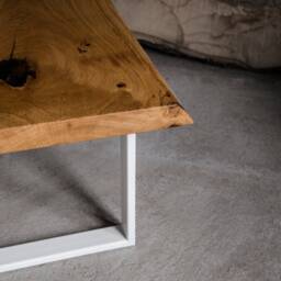 Live Edge Coffee Table Made Of Oak Wood, Small End With White Steel Legs, Industrial Bedside Table - thumbnail 2