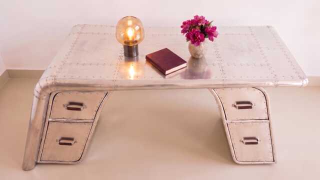 Aviator Wing Desk Aluminum, Hardwood, Industrial Pilot Writing Table Home Decor - image 1