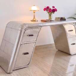 Aviator Wing Desk Aluminum, Hardwood, Industrial Pilot Writing Table Home Decor - thumbnail 3