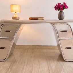 Aviator Wing Desk Aluminum, Hardwood, Industrial Pilot Writing Table Home Decor - thumbnail 2