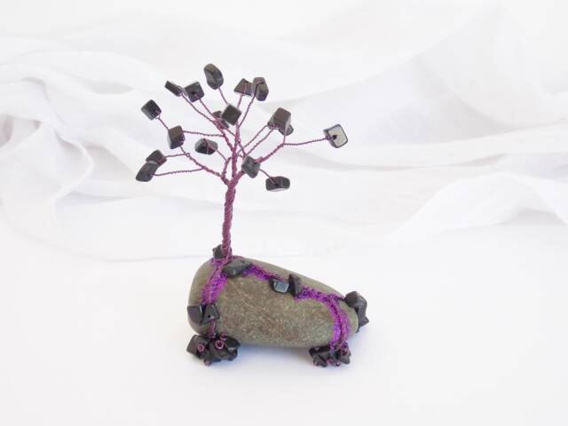 May Birthstone Agate Wire Tree Sculpture, Greek Pebble Base - image 1