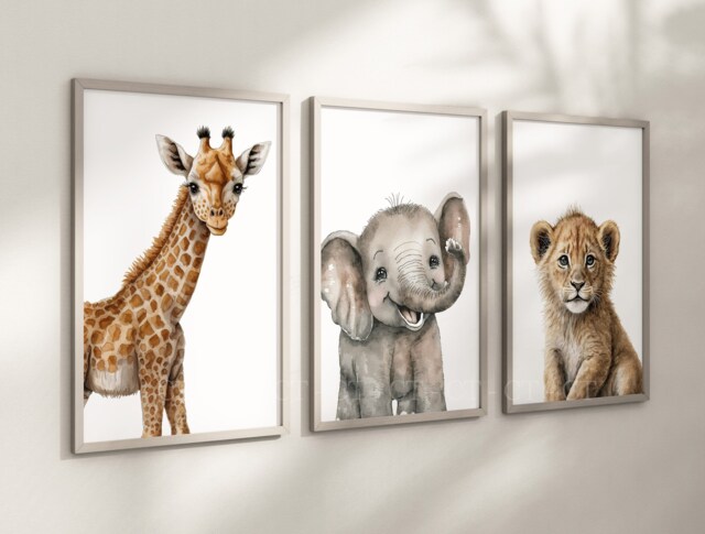 Safari Elephant Giraffe Lion Cub Animal Baby Girls Boys A4 Or A3 Nursery Set Of Unframed Prints Unisex Neutral Boho Beige Jungle - image 1