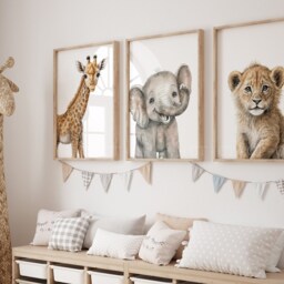 Safari Elephant Giraffe Lion Cub Animal Baby Girls Boys A4 Or A3 Nursery Set Of Unframed Prints Unisex Neutral Boho Beige Jungle - thumbnail 2
