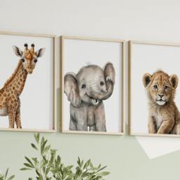 Safari Elephant Giraffe Lion Cub Animal Baby Girls Boys A4 Or A3 Nursery Set Of Unframed Prints Unisex Neutral Boho Beige Jungle - thumbnail 3