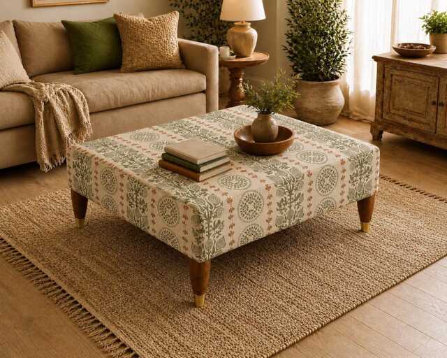Handmade Ottoman Coffee Table Bench - Boho Earthy Novelli Olive Green - image 1