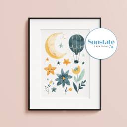 Nursery Prints, Wildflower Wall Art, Moon & Stars Hot Air Balloon Simple Posters - thumbnail 4