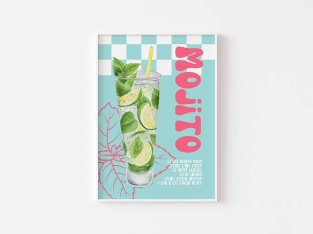 Mojito Retro Cocktail Print - Kitchen Poster, Rum Mint Lime Cocktail, Funky Bar Print, Trendy Alcohol Recipe Art, Colourful Groovy Decor - image 1